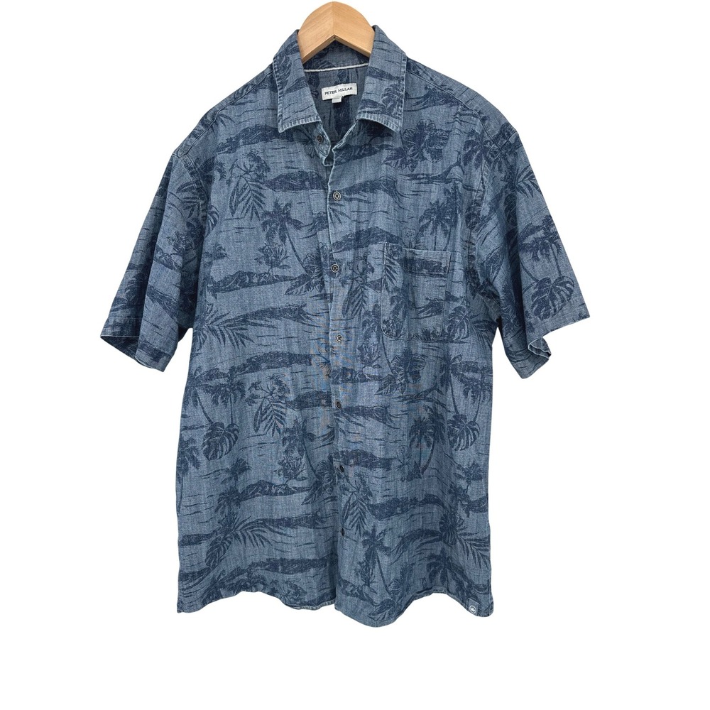 Peter Millar Shirt Men L Blue Palm Tree Tropical Print Button Up Resort Preppy